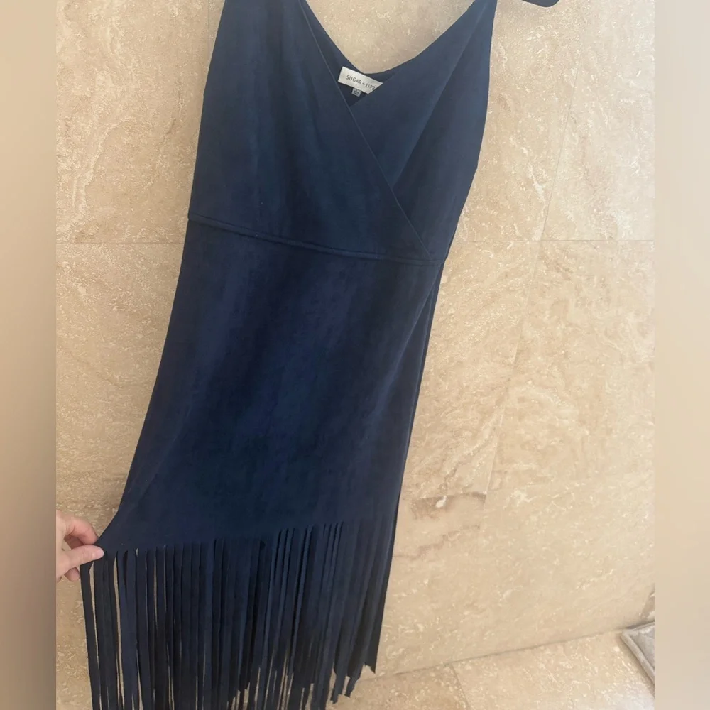 Sugar+Lips Suede Navy Blue Fringe Dress Large NWOT - Picture 4 of 7